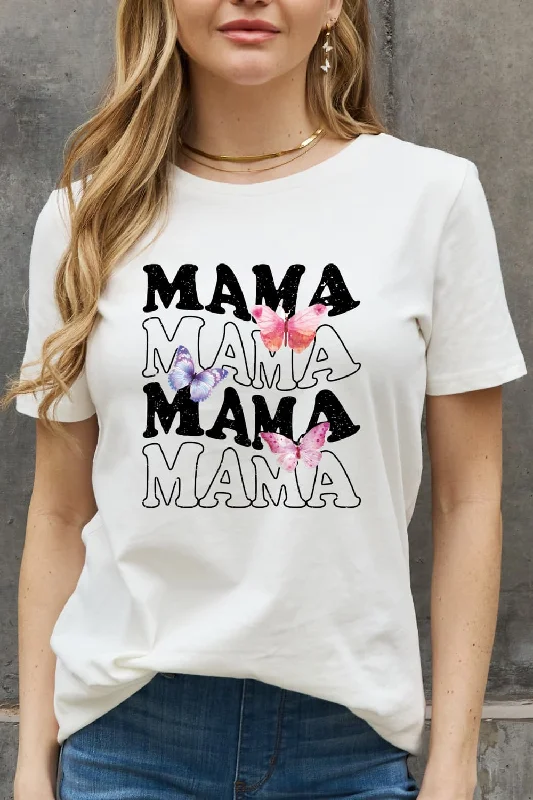 Colorful Butterfly MAMA Graphic Top 100% Cotton Short-sleeve Mom T-Shirt-- Mesh Blend Leather Blend Suede Blend