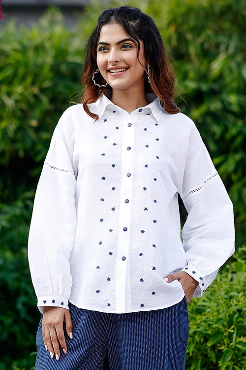Dharan "Beetle Shirt " White Embroidered Shirt-- Rayon Fabric Velvet Fabric Corduroy Fabric