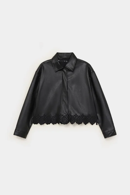Faux Leather Embroidered Shirt-- Ribbed Striped Patterned