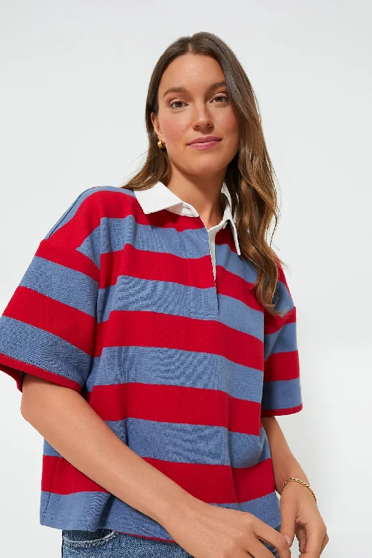 Red Stripe Cotton Wesley Rugby Shirt-- Anti-Pilling Machine Wash Handmade