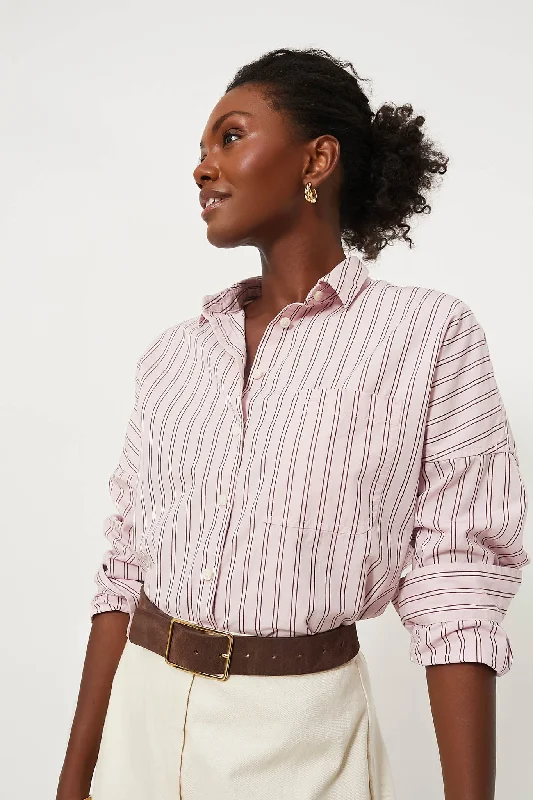 Pink Jo Shirt in Striped Poplin-- V-Neck T-Shirt Long Sleeve Cotton