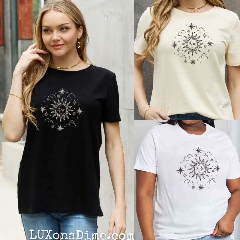 SUN MOON CLOUDS Celestial Graphic Short Sleeve 100% Cotton Tee Shirt (Plus Size Available)-- Mesh Canvas Denim