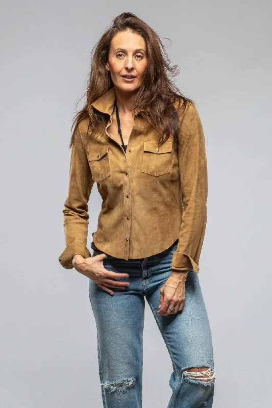 Giulia Suede Snap Shirt In Biscotti-- Beaded Sequined Faux Fur