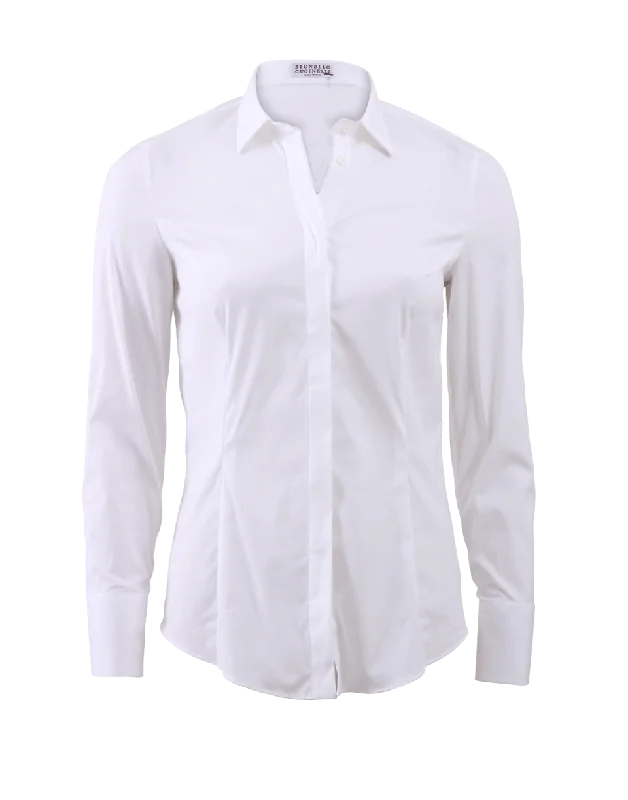 Monili Neck Classic Poplin Shirt-- Denim Fabric Leather Fabric Suede Fabric