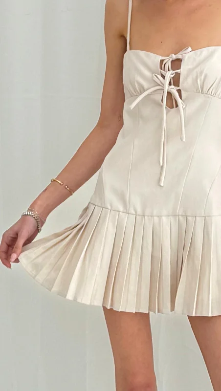 Kenny Pleated Drop Waist Mini Dress - Stone Cozy Satin Mini Dress