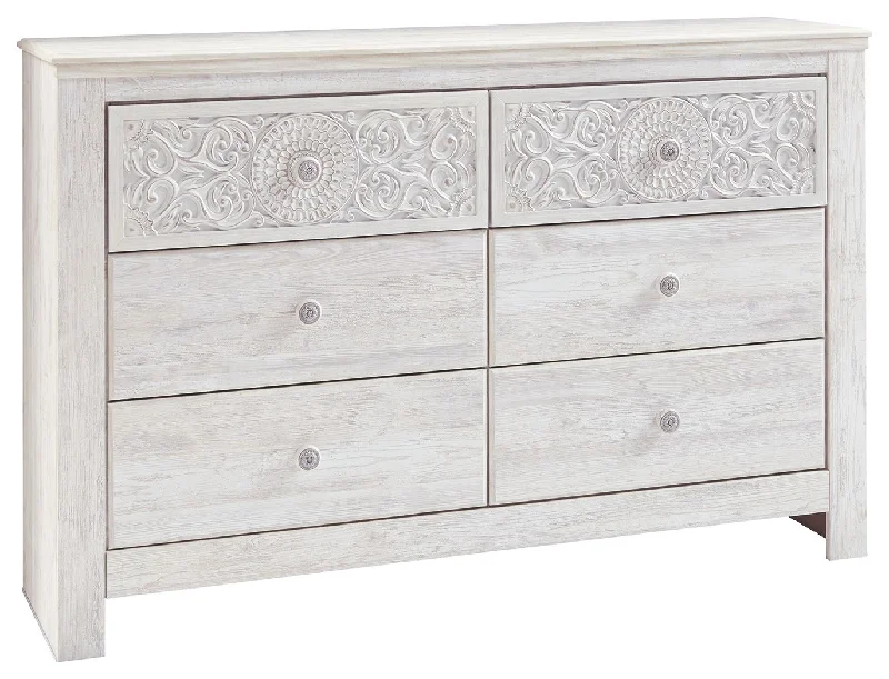 Paxberry - Whitewash - Six Drawer Dresser - Medallion Drawer Pulls Cowl Neckline Elegant