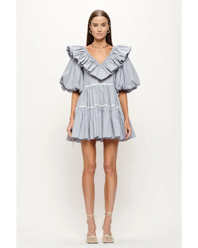Loretta Baby Doll Mini Dress Blue Elegant Satin Mini Dress