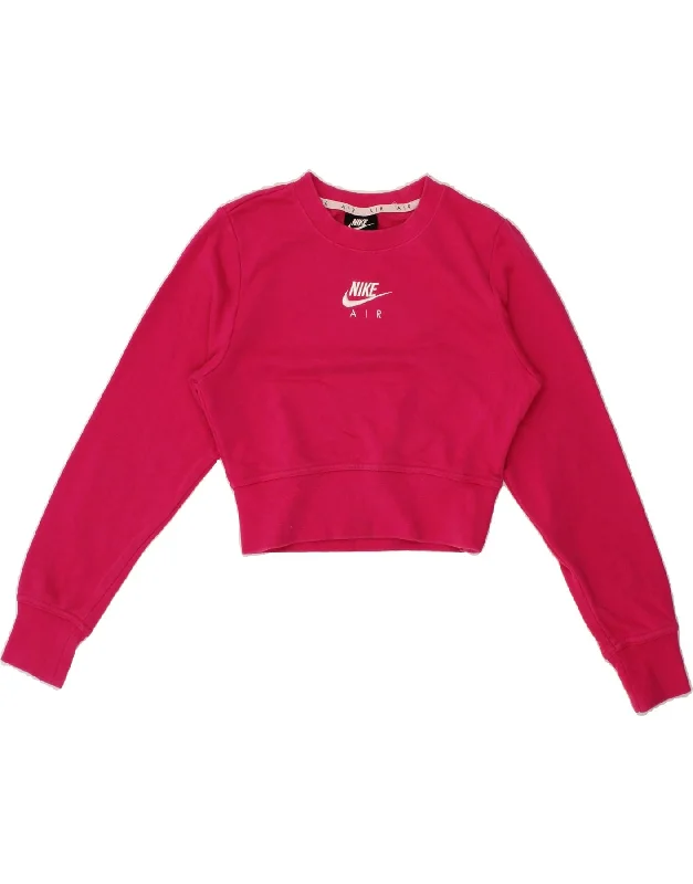 NIKE Womens Graphic Crop Sweatshirt Jumper UK 6 XS Pink Hoodie with Bell Sleeves Flared Feminine