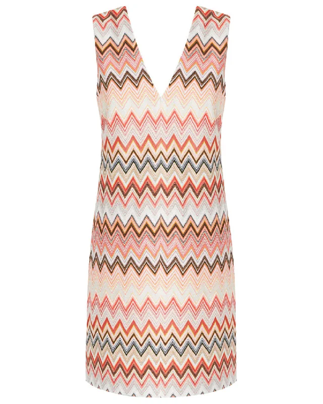 Yellow and Pink Zig Zag V Neck Mini Dress Comfortable Polka Dot Mini Dress