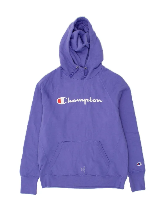 CHAMPION Womens Graphic Hoodie Jumper UK 10 Small Purple Cotton Hoodie with Puffed Sleeves Voluminous Trendy
