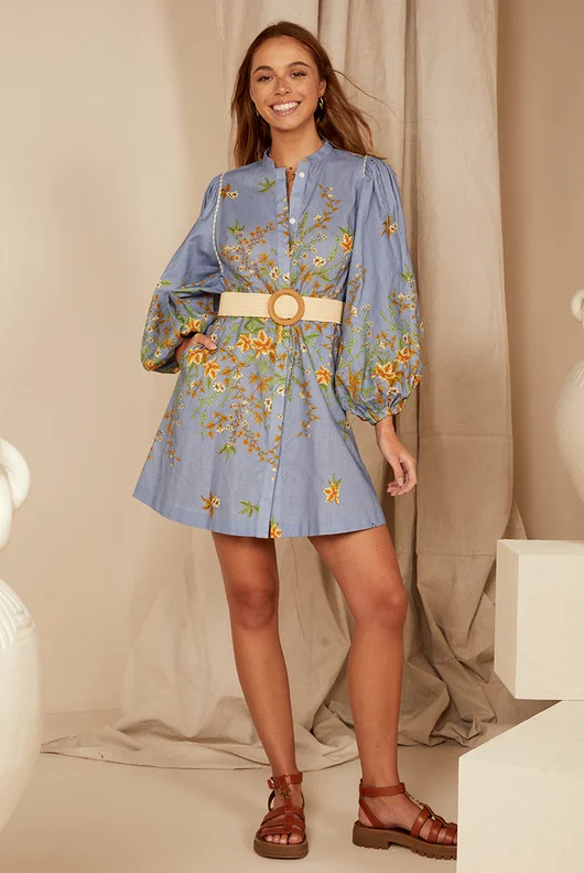 Bohemian Traders Zinnia Band Collar Mini Dress Chic Pleated Mini Dress