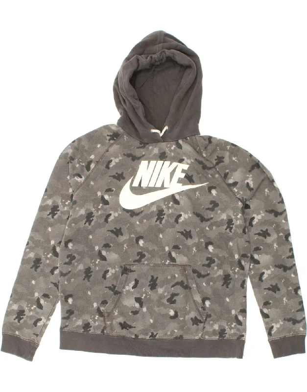 NIKE Womens Oversized Graphic Hoodie Jumper UK 18 XL Grey Camouflage Hoodie with Color Block Contrast Stylish