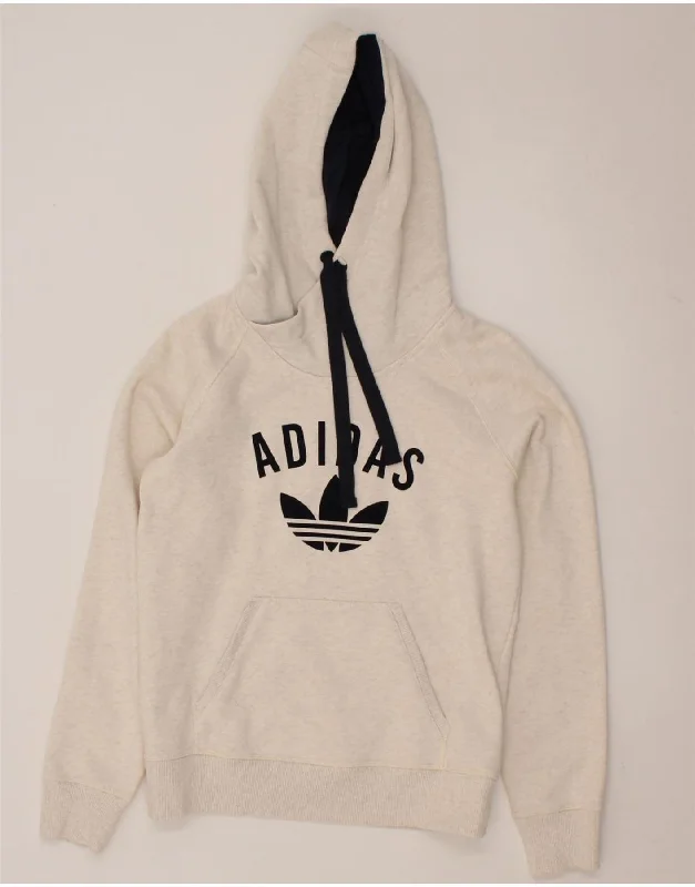 ADIDAS Womens Graphic Hoodie Jumper UK 8 Small Off White Cotton Hoodie with V-Neck Classic Versatile