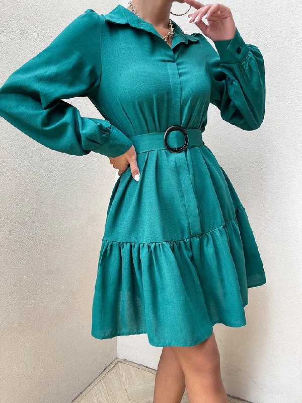 Collared Lantern Sleeve Mini Dress Casual V-Neck Mini Dress