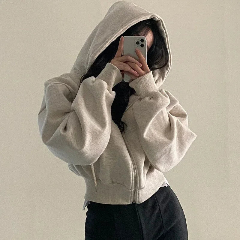 2024 Spring Autumn New Insfleece-lined Versatile Cropped Slims Smooths Silhouette Zip-up Warm Navy Blue Hooded Sweatshirt Women Hoodie with Longline Fit Extended Stylish