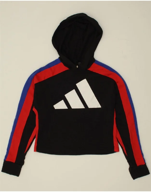 ADIDAS Womens Crop Graphic Hoodie Jumper UK 4/6 XS Black Colourblock Hoodie with Pocket Utility Practical