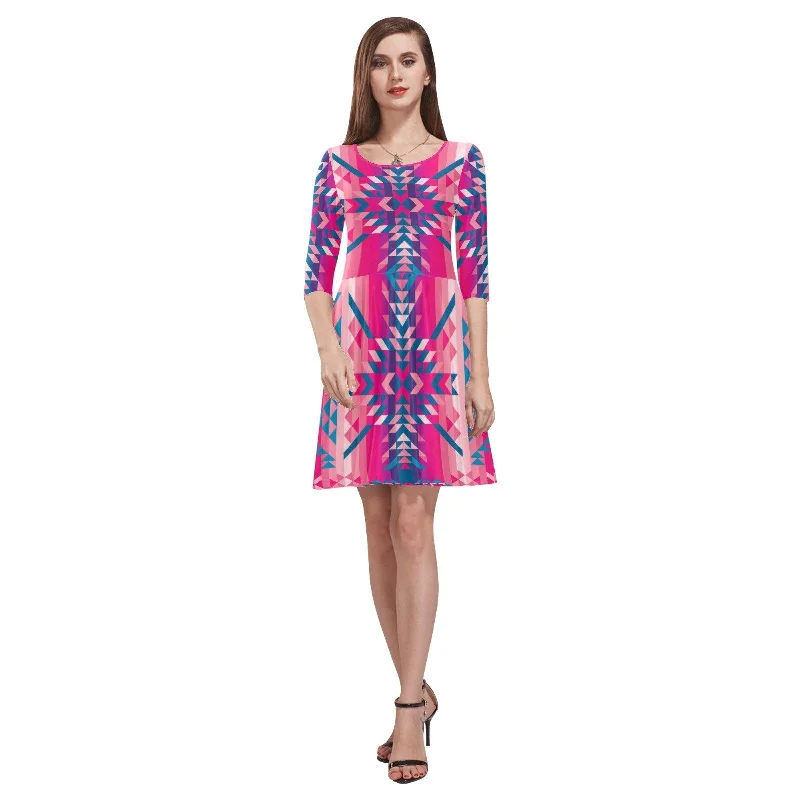 Desert Geo Blue Tethys Half-Sleeve Skater Dress Turtleneck Neckline Stylish