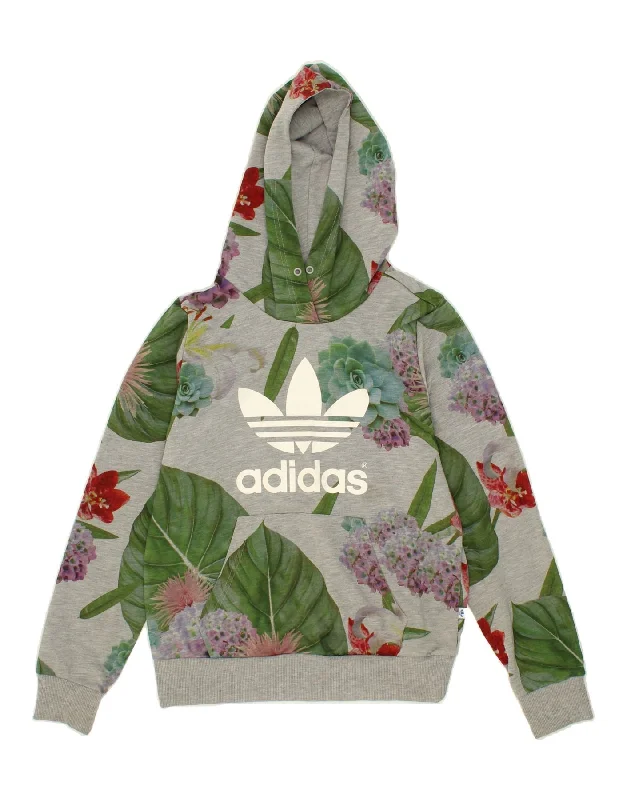 ADIDAS Womens Graphic Hoodie Jumper UK 14 Large Grey Floral Polyester Hoodie with Magnetic Closure Innovative Modern