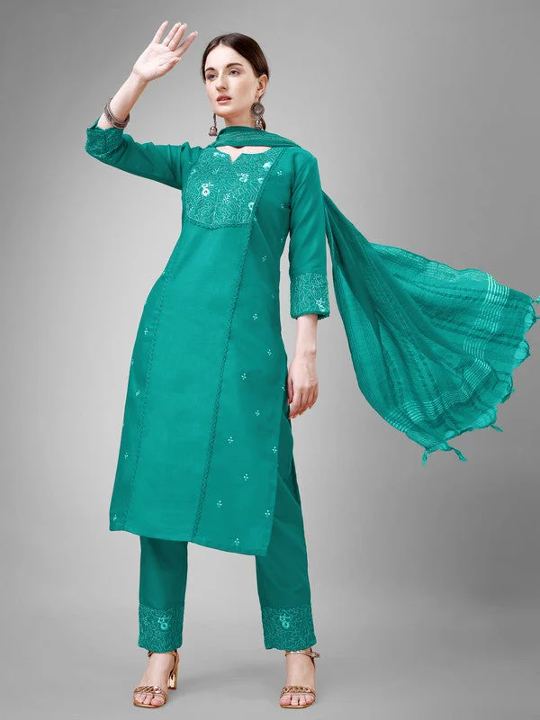 Women's Embroidered Cotton Blend Kurta Pant Dupatta Set - Malishka Export Relaxed Casual Leggings