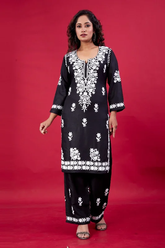 Women's Black Rayon Lucknowi Embroidery Kurta With Pant - Dwija Fashion Comfy Cargo Trousers