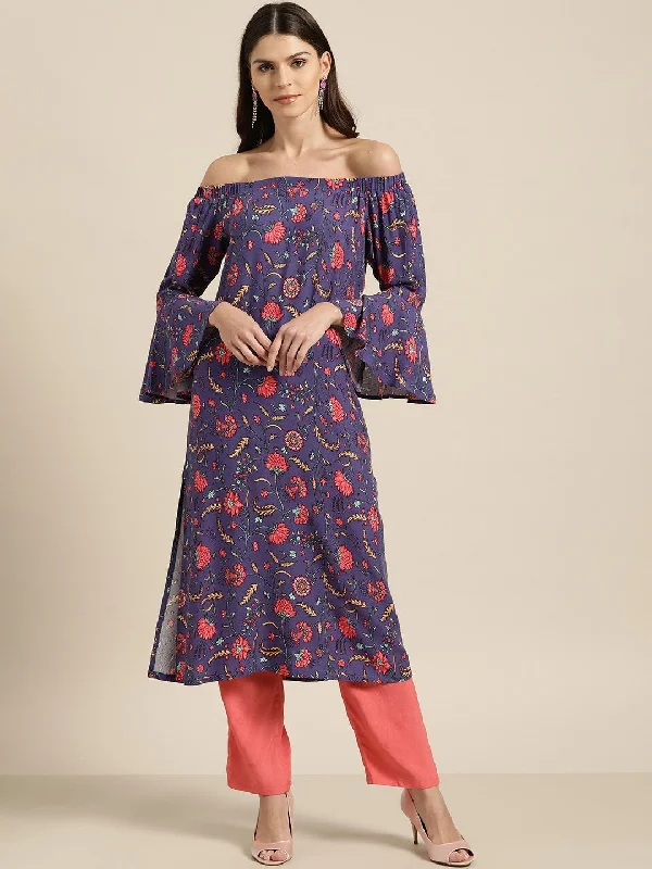 Women's Purple Floral Off Shoulder Kurta With Red Pants - SHAE Chic Faux Leather Pants