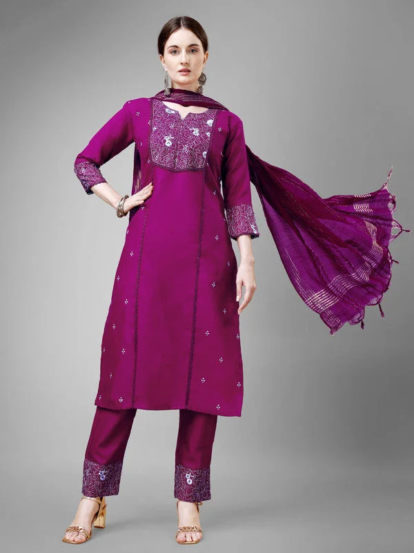 Women's Embroidered Cotton Blend Kurta Pant Dupatta Set - Malishka Export Classic Pleated Pants