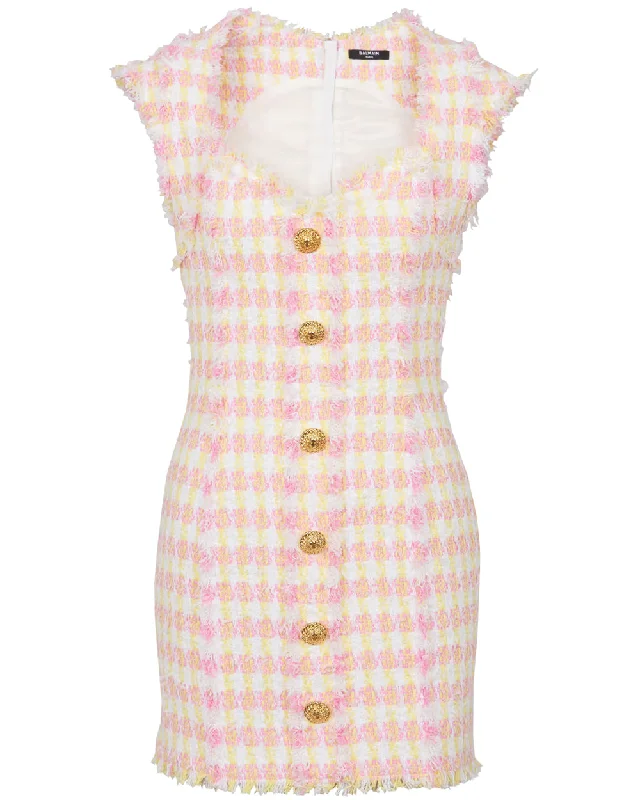 Blanc and Jaune Miami Tweed Buttoned Mini Dress Fashionable A-Line Mini Dress