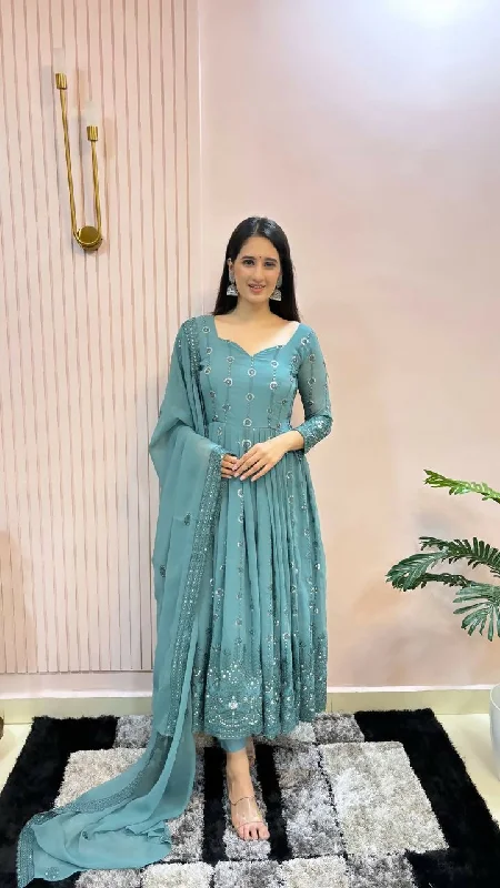 Preksha Creation Designer Party Wear Look Fox Georgette With Embroidery Work With Dupatta And Pant - Firoji Elegant Trouser Pants