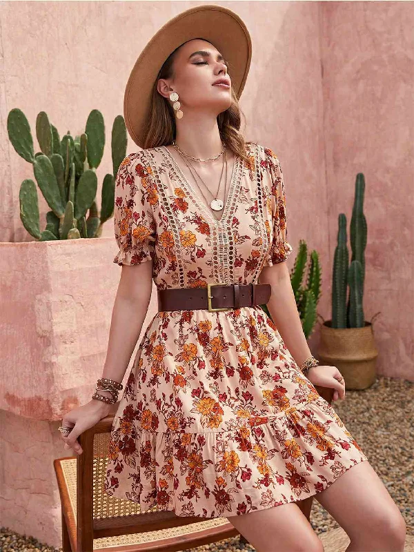 Floral V-Neck Flounce Sleeve Ruffle Hem Dress Tunics Plaid country