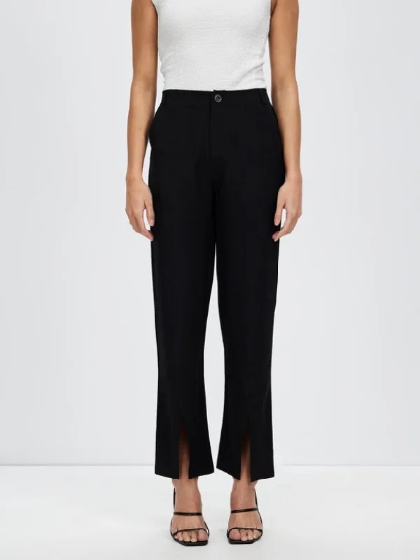 Women's Split Front High Waist Elegant Flare Leg Black Long Pants by Kaja Clothing- Dove pants Chic Wool Trousers