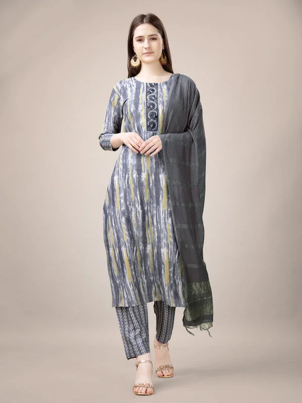 Malishka Women's Embroidered & Printed Grey Rayon Kurta Pant Set Soft Stretch Leggings