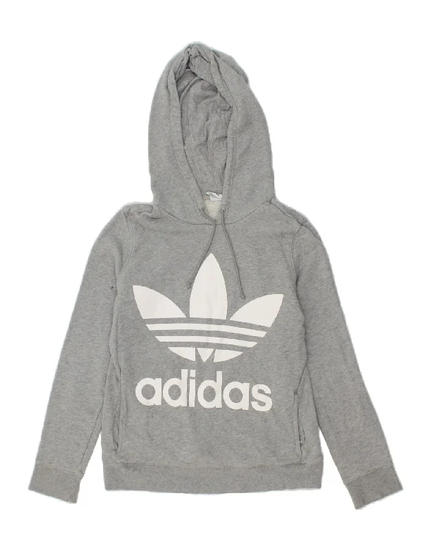 ADIDAS Womens Oversized Graphic Hoodie Jumper UK 8 Small Grey Cotton Hoodie with Mesh Breathable Sporty