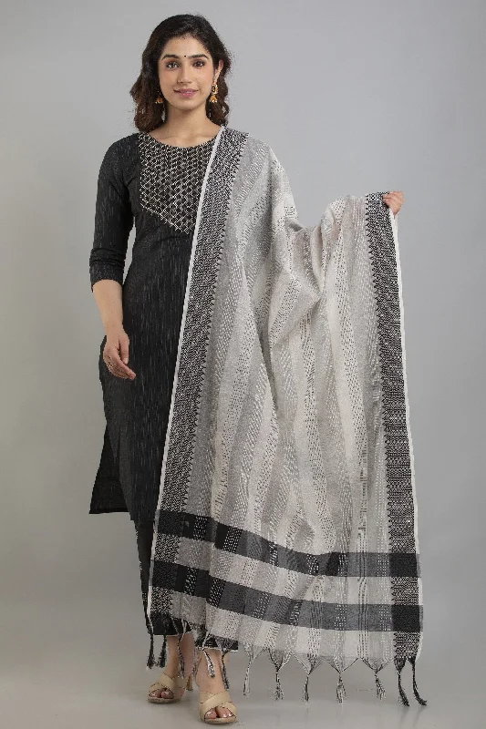 Women's Embroidered Cotton Blend Straight Kurta Pant & Dupatta Set (Black) - Charu Comfy Athletic Pants