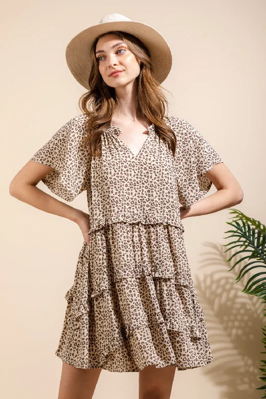 Ivory Leopard Mini Dress Fashionable Mini Dress with Pockets