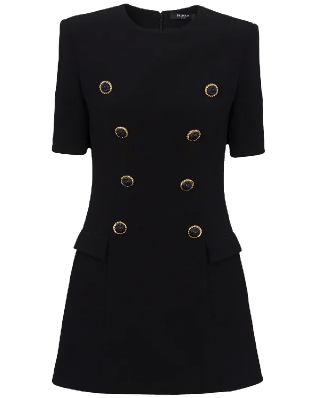 Noir Double Breasted Mini Dress Stylish Short Sleeve Mini Dress