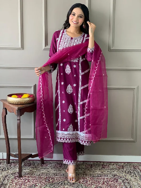 Women's Pink Rayon Embroidered Kurta Pant With Organza Dupatta - N For Nari Elegant Wool Trousers