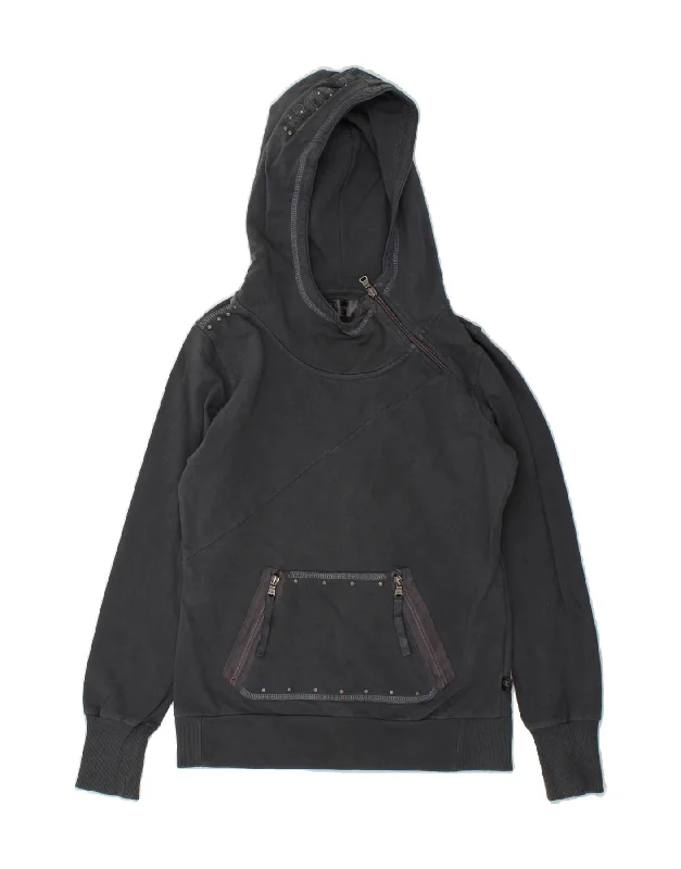 CHAMPION Womens Zip Neck Hoodie Jumper UK 12 Medium Grey Cotton Hoodie with Drop Shoulder Relaxed Streetwear