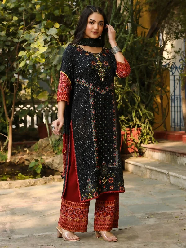 Juniper Black Ethnic Motif Placement Printed Rayon Kurta With Pant And Dupatta With Bead & Sequence Work Sleek Black Pants