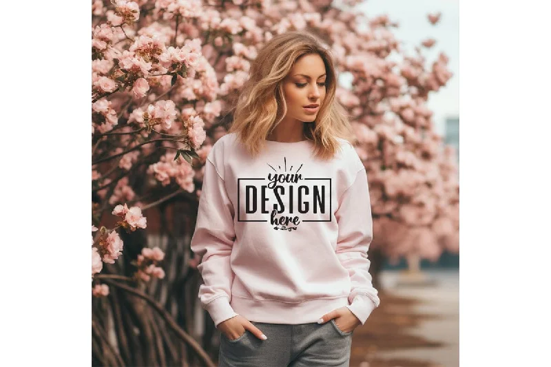 Gildan 18000 Woman Pink Sweatshirt Mockup Hoodie with Emblem Brand Identity
