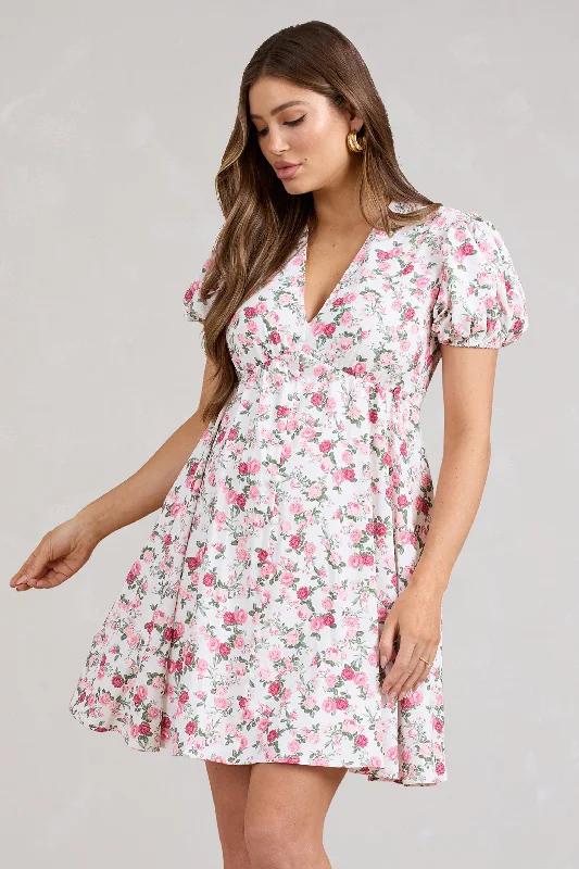 By The Cypress | Pink Floral Maternity V-Neck Puff-Sleeved Buttoned Mini Dress Fashionable Lace-Trim Mini Dress