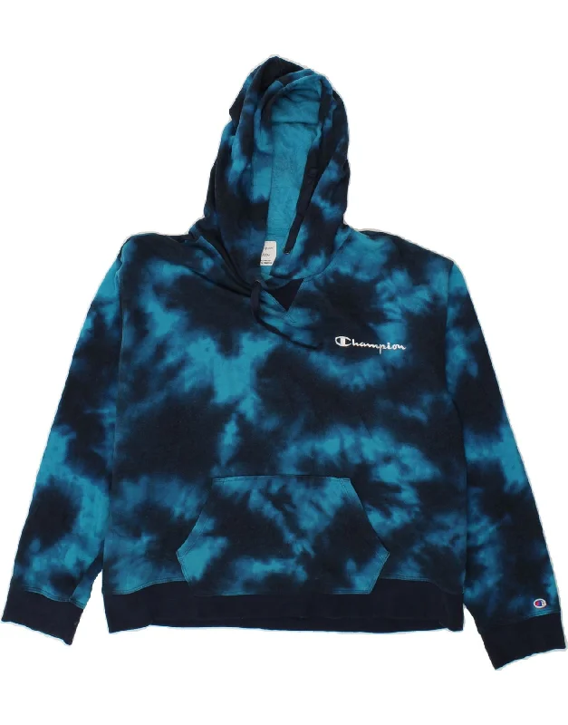 CHAMPION Womens Hoodie Jumper UK 20 2XL Navy Blue Tie Dye Cotton Hoodie with Pattern Geometric Abstract