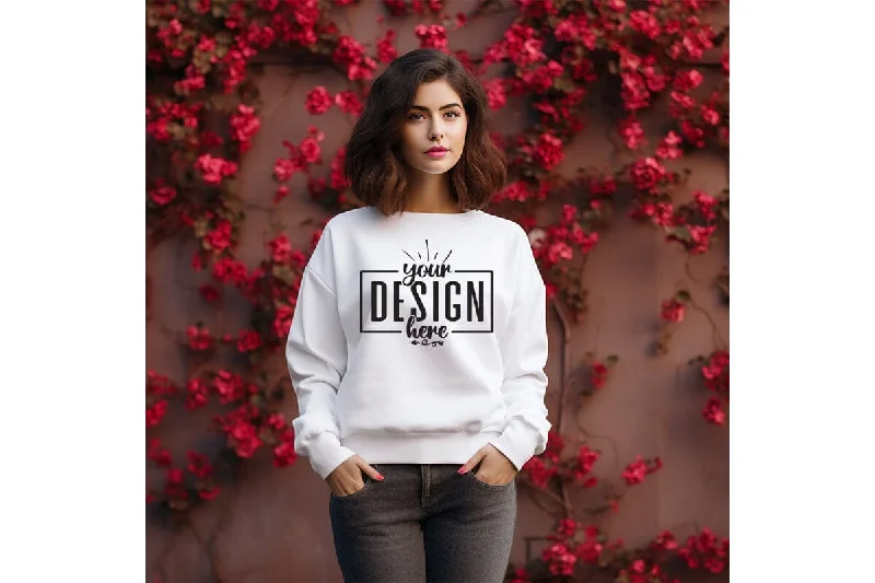 Gildan 18000 Woman White Sweatshirt Mockup Hoodie with Camouflage Military Edgy