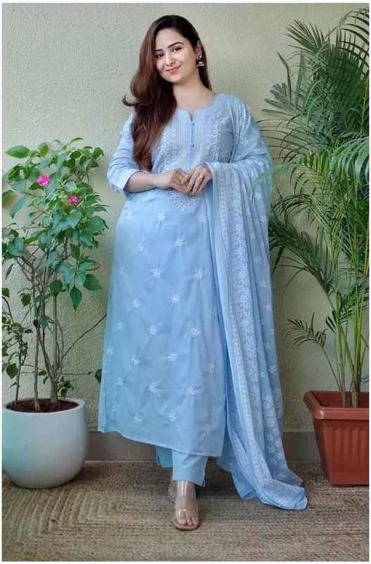 Malishka Women's Viscose Floral Embroidered Straight Kurta Pant With Dupatta Stylish Casual Pants