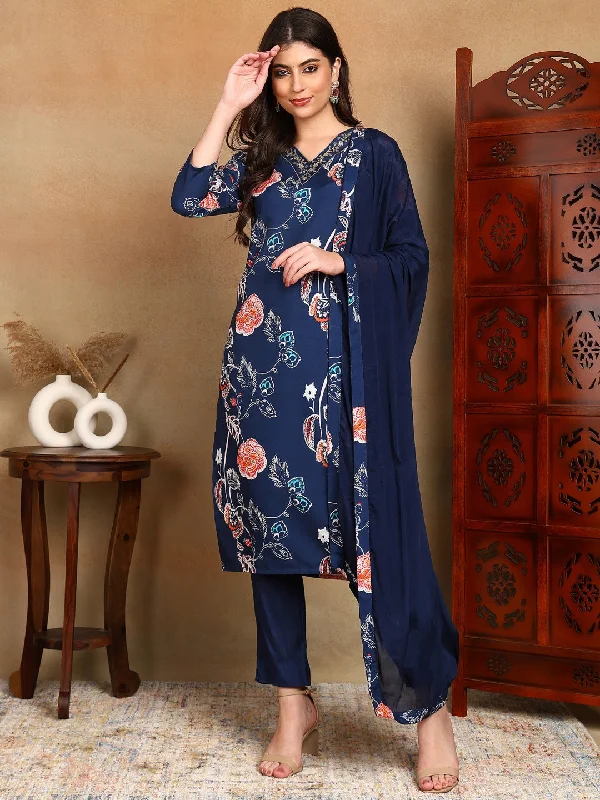 Women's Blue Cotton Blend Printed Straight Kurta Pant Set With Dupatta - Ahika Comfortable Jogging Pants