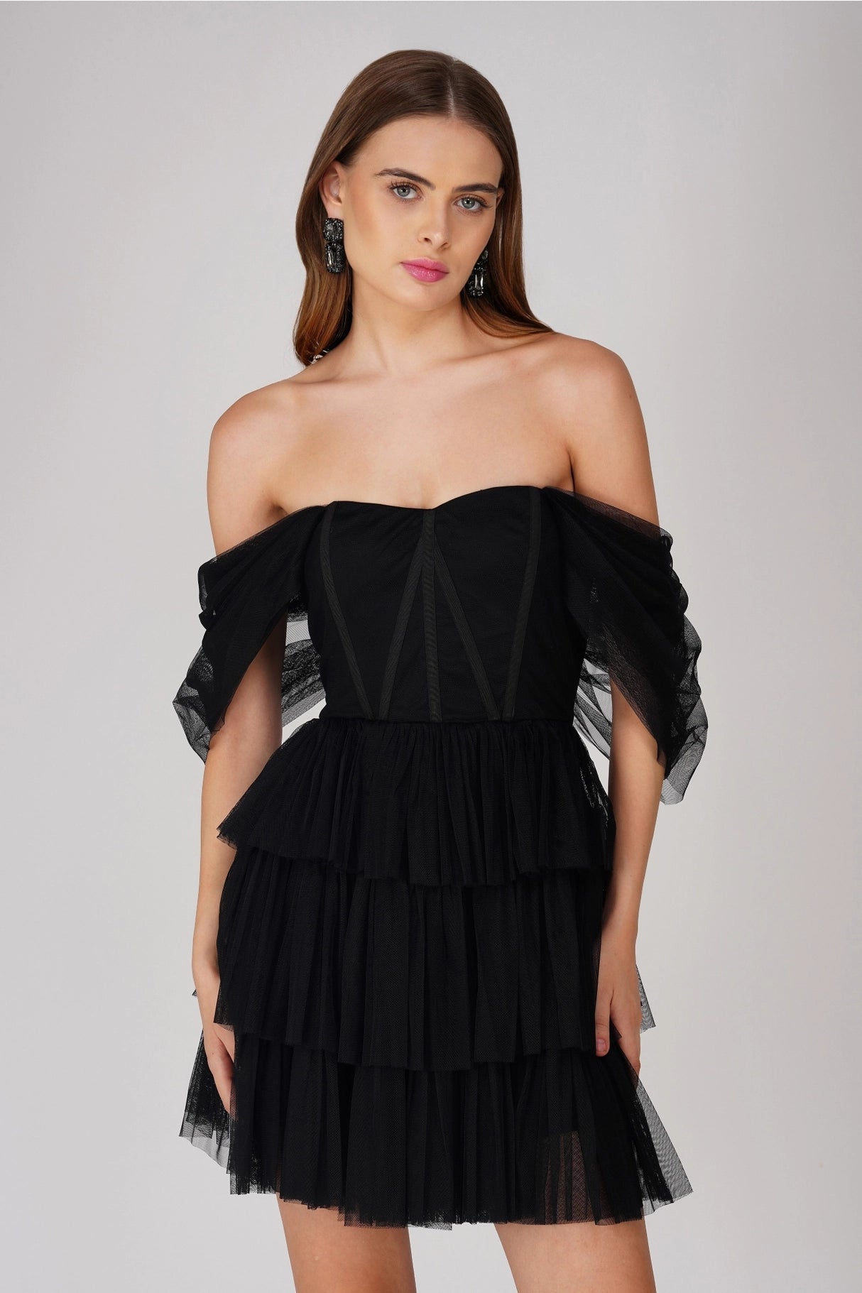 Lace & Beads Jayde Black Tulle Mini Dress Cozy Ribbed Mini Dress