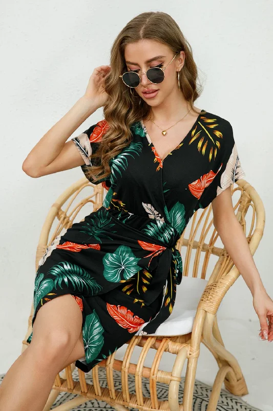 Printed Surplice Neck Short Sleeve Side Tie Mini Dress Comfortable Ruffle Mini Dress