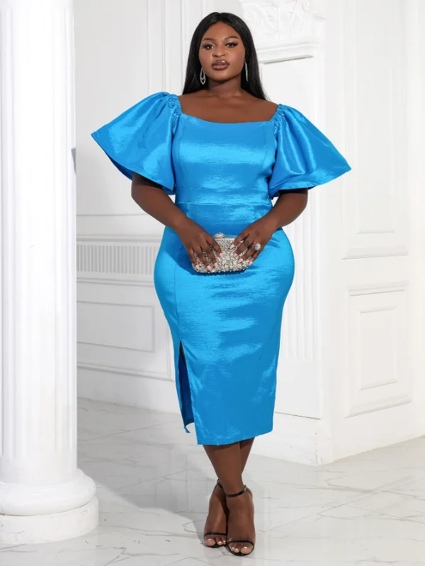Women  Bodycon Shiny Slit  Party  Dress Boat Neckline Classic