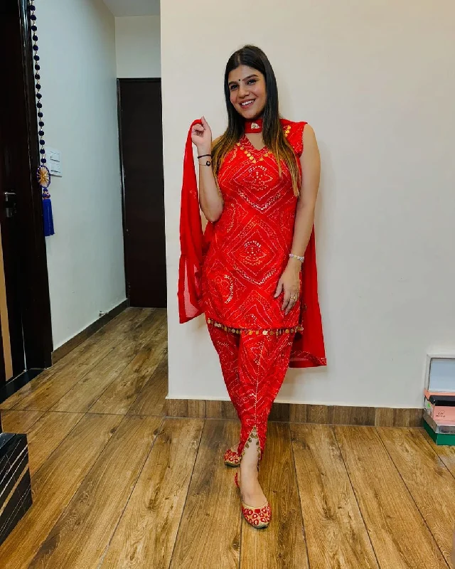 Women's Red Orange Rayon Lace Work Kurti With Tulip Bottom Pant - N For Nari Comfortable Pleated Pants