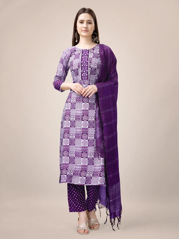 Malishka Women's Embroidered & Printed Purple Rayon Kurta Pant Set Comfy High-Waist Jeans
