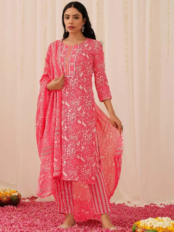 Women's Pink Viscose Rayon Printed Straight Kurta Pant Set With Dupatta - Ahika Comfy Zip-Up Pants